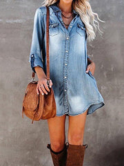 Women's Denim Shirt Dress - Casual Mini with Pockets & Button Collar for Spring/Summer/Fall