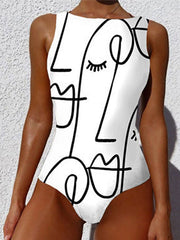 Women's Swimwear One Piece Normal Swimsuit Printing Graffiti Black White Blue Khaki Beige Bodysuit Bathing Suits Sports Beach Wear Summer