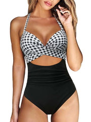 Women's Swimwear One Piece Normal Swimsuit Cut Out Printing Leaf Plaid Black White Blue Bodysuit Bathing Suits Sports Beach Wear Summer