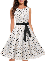 Women's Elegant Sleeveless Floral Bow Crew Neck Slim Swing Dress