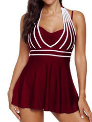 Plus Size Women's Tankini Swimsuit - Backless Striped Halter V Wire in Black, Blue, Purple, Wine