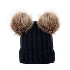 Winter Warm Knitted Wool Hat with Double Hairball Earmuffs for Women & Kids - Cute Beanie Cap