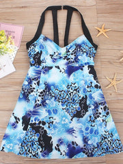Plus Size Women's One Piece Swim Dress, Open Back, Floral Blue, V Wire, Padded, Modern Vacation Swimwear