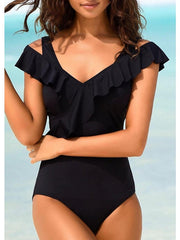 Women's Swimwear One Piece Normal Swimsuit Ruffle Solid Color Striped Black Pink Bodysuit Bathing Suits Sports Beach Wear Summer
