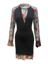 Women's Sheath Dress Mini Dress Black Long Sleeve Floral Mesh Winter Fall Autumn Turtleneck Stylish Winter Dress Weekend Fall Dress