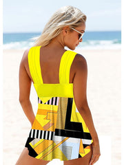 Women's Swimwear Swim Dress Normal Swimsuit 2 Piece Printing Graphic Leaf Yellow Sky Blue Green Bathing Suits Sports Summer