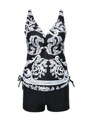 Women's Swimwear Tankini 2 Piece Plus Size Swimsuit 2 Piece Open Back Printing for Big Busts Floral Striped Black Padded V Wire Bathing Suits New Stylish Vacation / Padded Bras