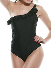 Women's Swimwear One Piece Normal Swimsuit Ruffle Tummy Control One Shoulder Solid Color Black Rose Red Bodysuit Bathing Suits Sports Beach Wear Summer