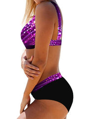 Women's Swimwear Bikini 2 Piece Plus Size Swimsuit Open Back Printing Optical Illusion Gradient Color Blue Purple Halter V Wire Bathing Suits Sexy Vacation Fashion