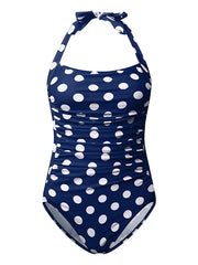 Women's Swimwear One Piece Monokini Bathing Suits Normal Swimsuit Tummy Control High Waisted Polka Dot Navy Blue Padded Bathing