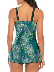 Plus Size Women's Tankini Swimsuit - Open Back, Graphic Print, Green/Purple, Padded, Vacation Fashion