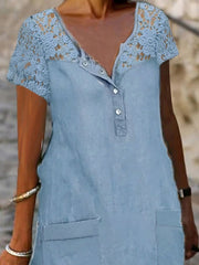 Women's Midi Denim Dress with Lace Pockets - Casual Crew Neck for Summer