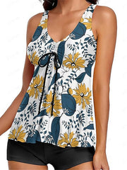 Women's Swimwear Tankini 2 Piece Normal Swimsuit Open Back Printing Floral White Black Vest V Wire Bathing Suits New Vacation Fashion / Modern