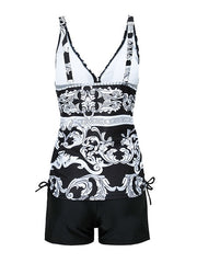 Women's Swimwear Tankini 2 Piece Plus Size Swimsuit 2 Piece Open Back Printing for Big Busts Floral Striped Black Padded V Wire Bathing Suits New Stylish Vacation / Padded Bras