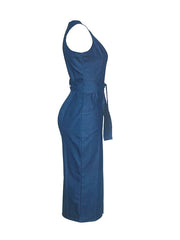 Sleeveless Women's Denim Maxi Dress - Lace-Up Bodycon for Casual & Vacation