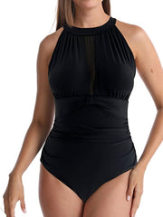 Women's Swimwear One Piece Monokini Bathing Suits Normal Swimsuit Water Sports Tummy Control Mesh Print Leaf Flower Green Black Orange Scoop Neck Bathing Suits New Stylish Vacation / Modern