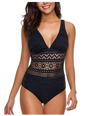 Women's Black Geometric One Piece Swimsuit, Tummy Control, Open Back, Padded, Sexy Fashion