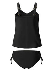 Women's Swimwear Tankini 2 Piece Normal Swimsuit 2 Piece Pleated Open Back Pure Color Black Padded Strap Bathing Suits Sports Casual Vacation / Modern / New / Padded Bras