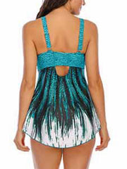 Plus Size Women's Tankini Swimsuit - Modest Open Back, Color Block, Padded, Green/Blue, Vacation Fashion