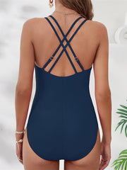 Women's Swimwear One Piece Monokini Normal Swimsuit Ruched Tummy Control Open Back Crossover Pure Color Black Yellow Red Blue Dusty Blue Padded V Wire Bathing Suits New Vacation Sexy