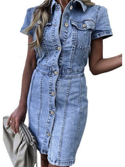 Women's Midi Denim Dress - Casual Elegant Shirt Dress with Pockets
