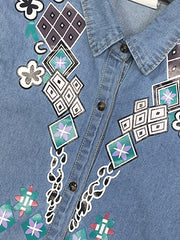 Women's Blue Denim Midi Dress - Casual Short Sleeve with Floral Embroidery