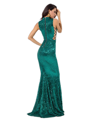 Love&Lemonade Green Collar Side Cut Out Fishtail Slim Elastic Sequins Long Dress LM1151