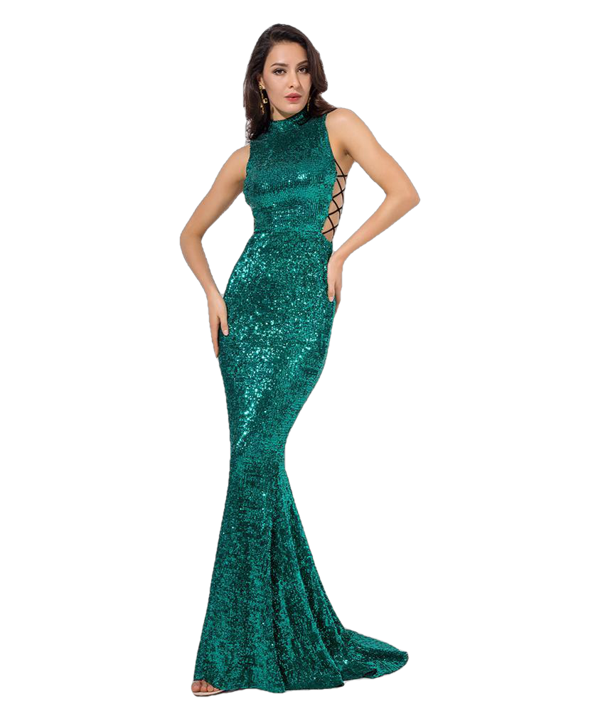 Love&Lemonade Green Collar Side Cut Out Fishtail Slim Elastic Sequins Long Dress LM1151