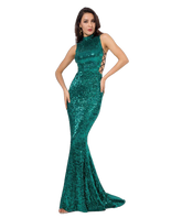 Love&Lemonade Green Collar Side Cut Out Fishtail Slim Elastic Sequins Long Dress LM1151