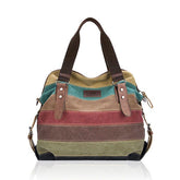 Women Stripe Canvas Handbag Micro-Fibric Leather Shoulder Contrast Color Crossbody Bags
