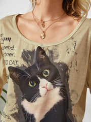 Cat Letter Print Short Sleeve Plus Size Casual T-shirt