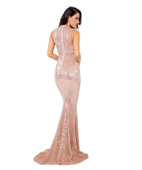 Love&Lemonade Champagne Collar Side Cut Out Fishtail Slim Elastic Sequins Long Dress LM1152