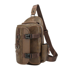 Men PU Leather Vintage Multifunction Earphone Hole USB Charging Crossbody Bag Chest Bag Sling Bag