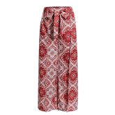 Sexy Print Long Women Summer High Waist Sash Wide Leg Split Trousers