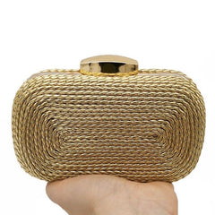 Straw Clutches Gold Evening Bag Woven Knited PU Metal Clutch Hard Case Ladies Chain Shoulder Handbag