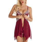 Sexy Lingerie Women Front Closure Babydoll Lace V Neck Mesh Sleepwear