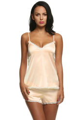 Women V-Neck Sleepwear Satin Pajama Spaghetti Strap Sexy Lace