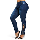 Lace Up Skinny High Waist Fit Stretched Blue Women Pants Elegant Strap Stonewash Fashion Jeans