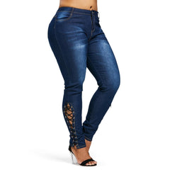 Lace Up Skinny High Waist Fit Stretched Blue Women Pants Elegant Strap Stonewash Fashion Jeans
