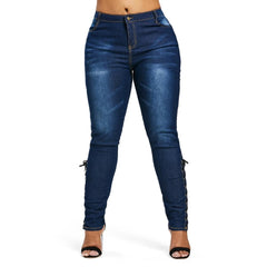 Lace Up Skinny High Waist Fit Stretched Blue Women Pants Elegant Strap Stonewash Fashion Jeans