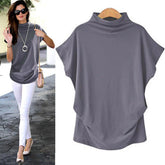 Women Casual Turtleneck Short Sleeve Cotton Solid Blouse