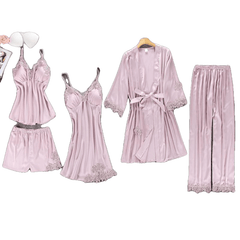 Women smooth Pajamas 5 Pieces Satin Silk Sleepwear With Chest Pads