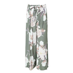 Sash Floral Print Wide Leg Elastic Loose Boho Casual Pants For Women