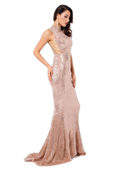 Love&Lemonade Champagne Collar Side Cut Out Fishtail Slim Elastic Sequins Long Dress LM1152