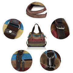 Women Stripe Canvas Handbag Micro-Fibric Leather Shoulder Contrast Color Crossbody Bags