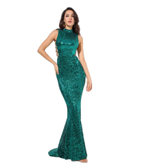 Love&Lemonade Green Collar Side Cut Out Fishtail Slim Elastic Sequins Long Dress LM1151