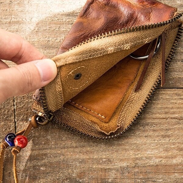 Men Genuine Leather Vinatge Car Key Wallet Texture Wear-resistang Case Coin Purse