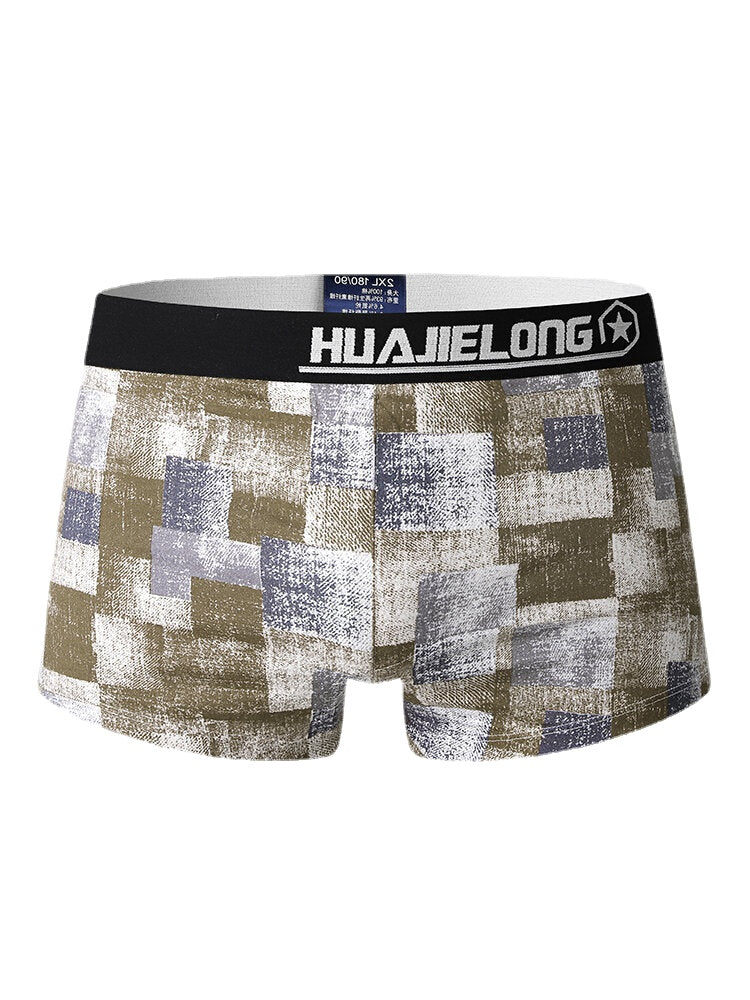 Mens 100% Cotton Colorblock Print Breathable Thin Elastic Mid Waist Arrow Short Boxers