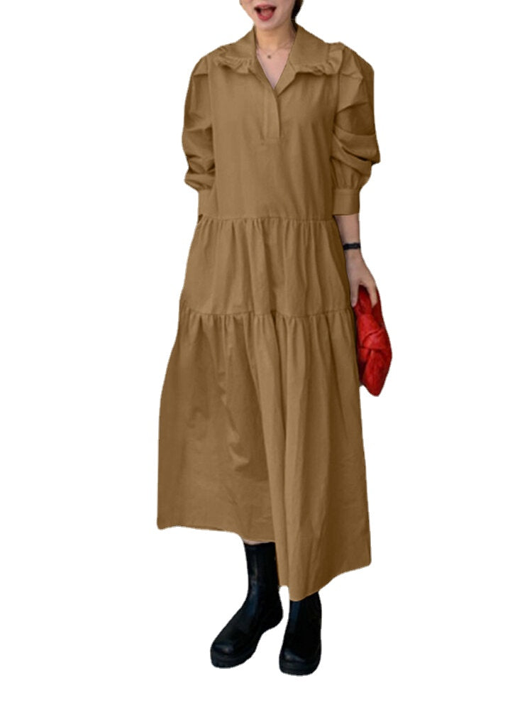 Women Solid Tiered Doll Collar Long Sleeve Casual Maxi Dresses