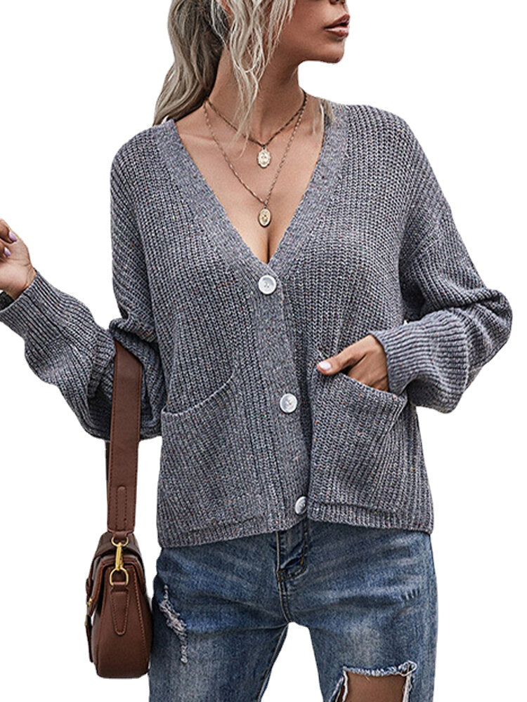 Women Solid V-Neck Button Up Knitted Casual Double Pockets Cardigan Sweater